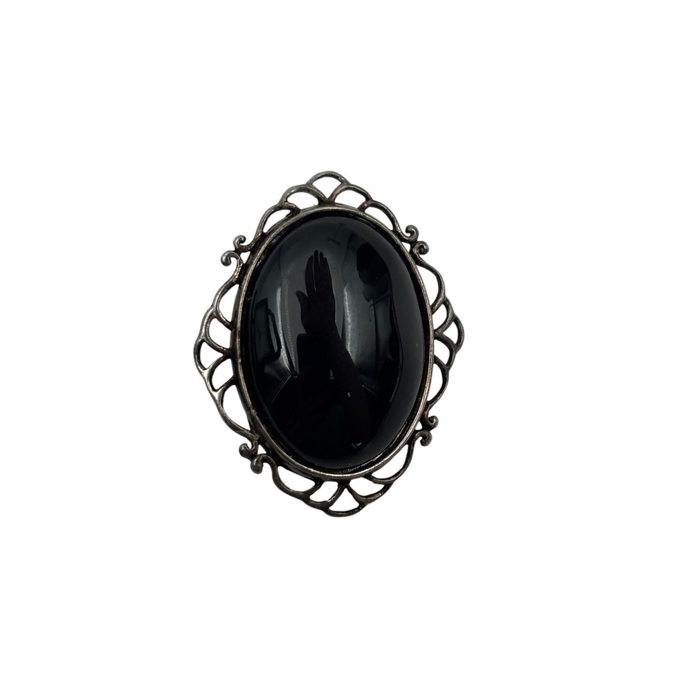 Vintage Jez Sterling Silver 925 Oval Black Onyx Cabochon Ornate frame Brooch Pin